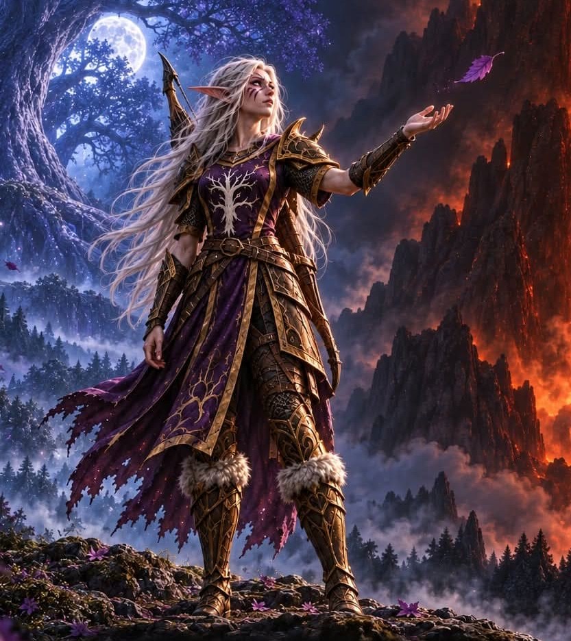 Lyntharia Stillsong, a Night Elf Hunter, standing between a moonlit forest and a fiery mountain landscape.